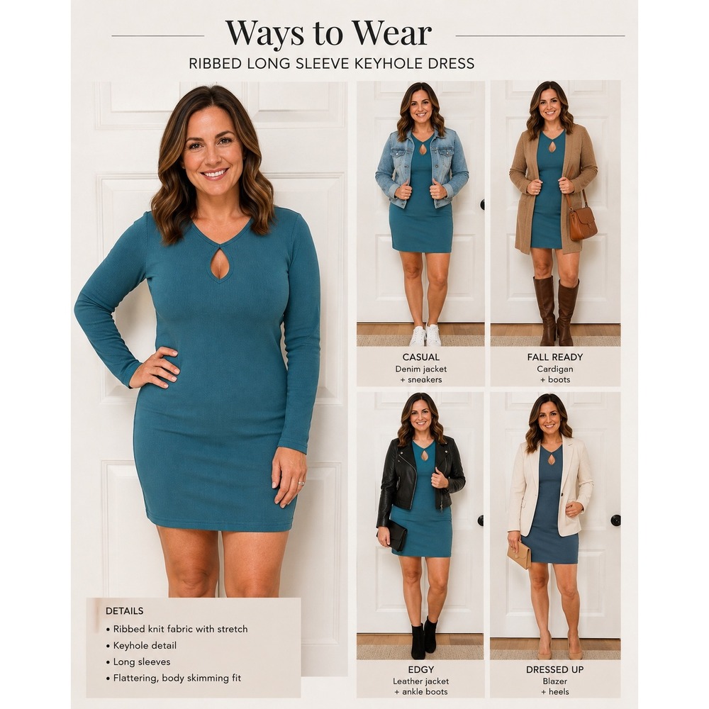 Womens Teal Ribbed Long Sleeve Keyhole Mini Dress Bodycon Stretch Knit L - Picture 2 of 6